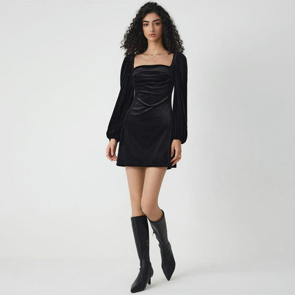 Women's Velvet Puff Long Sleeve Dresses Ruched Square Neck Slim Fit Cocktail Party Mini Dress