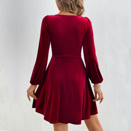 Womens Long Sleeve Velvet Dress Sexy V Neck A Line Flowy Cocktail Party Midi Dress