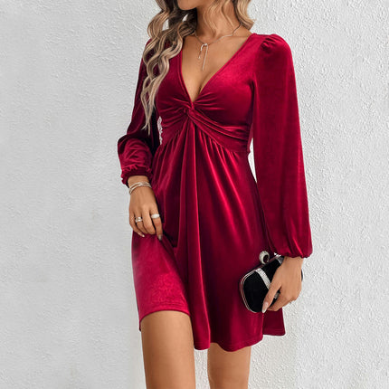 Womens Long Sleeve Velvet Dress Sexy V Neck A Line Flowy Cocktail Party Midi Dress