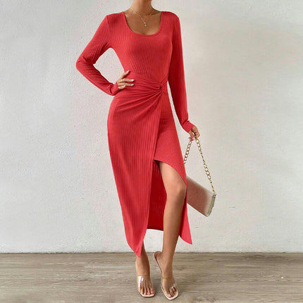 Women's Crew Neck Long Sleeve Midi Dress Twist Front Bodycon Slit Ribbed Knit Dresses