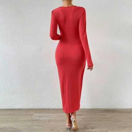 Women's Crew Neck Long Sleeve Midi Dress Twist Front Bodycon Slit Ribbed Knit Dresses