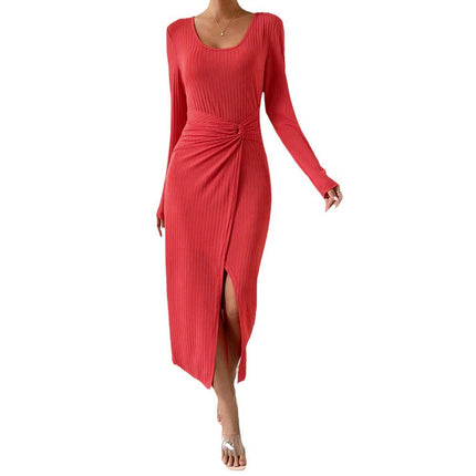 Women's Crew Neck Long Sleeve Midi Dress Twist Front Bodycon Slit Ribbed Knit Dresses