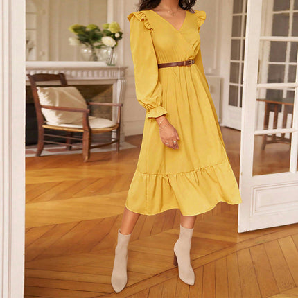 Casual Dresses for Women Boho V Neck Long Sleeve Split Ruffle Elegant Midi Dress