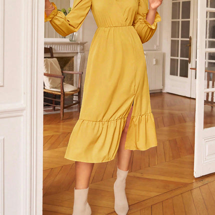 Casual Dresses for Women Boho V Neck Long Sleeve Split Ruffle Elegant Midi Dress