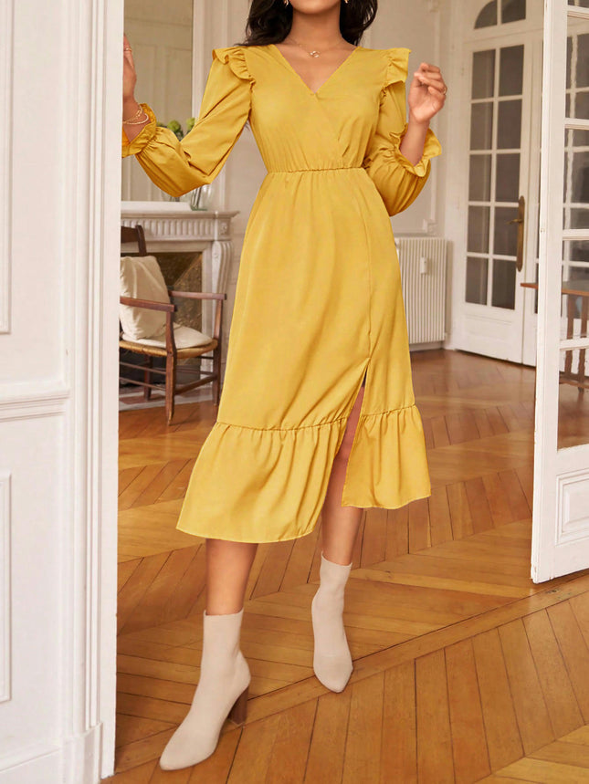 Casual Dresses for Women Boho V Neck Long Sleeve Split Ruffle Elegant Midi Dress