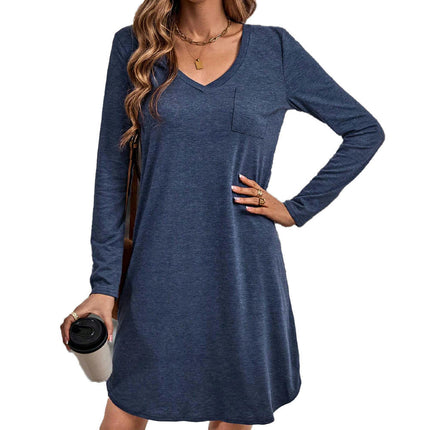 Women V-Neck Long Sleeve Dresses Casual Loose T-Shirt Tunic Short Dress with Pockets