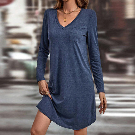 Women V-Neck Long Sleeve Dresses Casual Loose T-Shirt Tunic Short Dress with Pockets