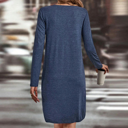 Women V-Neck Long Sleeve Dresses Casual Loose T-Shirt Tunic Short Dress with Pockets