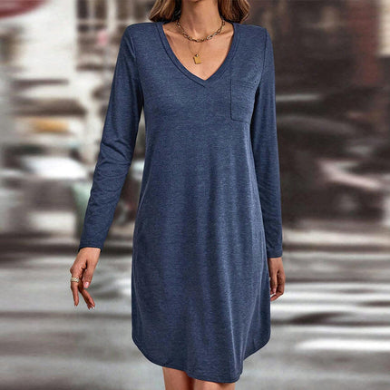 Women V-Neck Long Sleeve Dresses Casual Loose T-Shirt Tunic Short Dress with Pockets