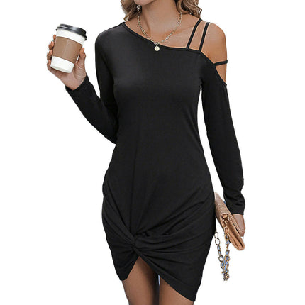 Womens Sexy One Shoulder Bodycon Dresses Long Sleeve Twist Front Mini Dress