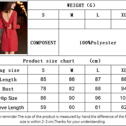 Women Sexy Backless Tie Long Sleeve Mini Dress Crew Neck Slim Fit Club Party Dress