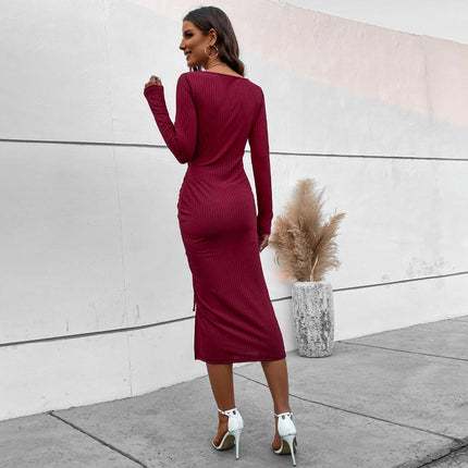 Women's Ruched Bodycon Square Neck Dress Long Sleeve Drawstring Slit Midi Dresses