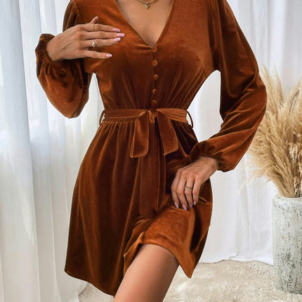 Women's Long Sleeve Velvet Tie Waist Mini Dress V-Neck A Line Cocktail Party Dresses