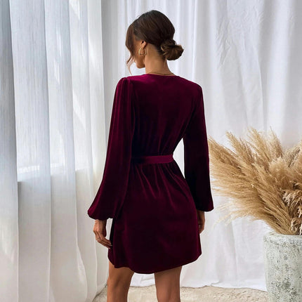 Women's Long Sleeve Velvet Tie Waist Mini Dress V-Neck A Line Cocktail Party Dresses