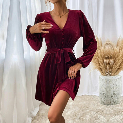 Women's Long Sleeve Velvet Tie Waist Mini Dress V-Neck A Line Cocktail Party Dresses