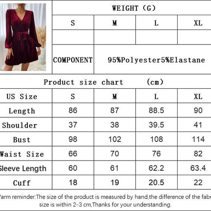 Women's Long Sleeve Velvet Tie Waist Mini Dress V-Neck A Line Cocktail Party Dresses