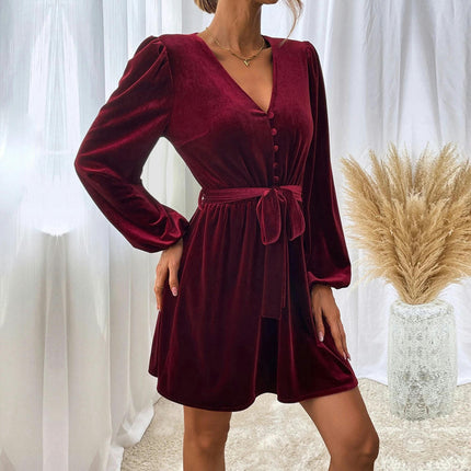 Women's Long Sleeve Velvet Tie Waist Mini Dress V-Neck A Line Cocktail Party Dresses