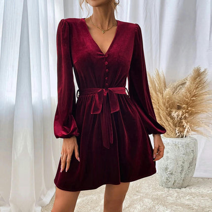 Women's Long Sleeve Velvet Tie Waist Mini Dress V-Neck A Line Cocktail Party Dresses