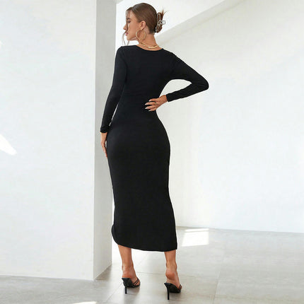 Women's Sexy Long Sleeve Bodycon Casual Party Ruched Slit Midi Dress