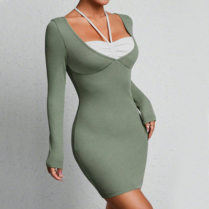 Women's Halter Tie Square Neck Long Sleeve Ribbed Knit Bodycon Mini Dresses