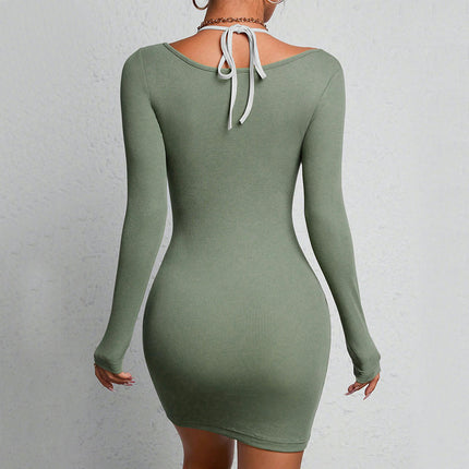 Women's Halter Tie Square Neck Long Sleeve Ribbed Knit Bodycon Mini Dresses