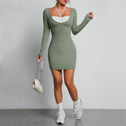 Women's Halter Tie Square Neck Long Sleeve Ribbed Knit Bodycon Mini Dresses