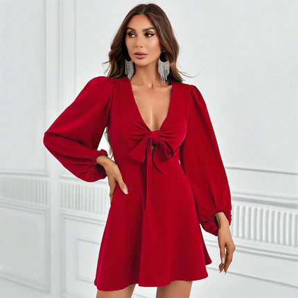 Womens Spring Summer Knot Front V Neck Long Sleeve A Line Swing Mini Dress