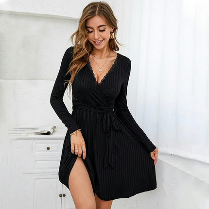 Women's Sexy V Neck Wrap Sweater Dress Casual Long Sleeve Slim A Line Mini Dresses with Belt