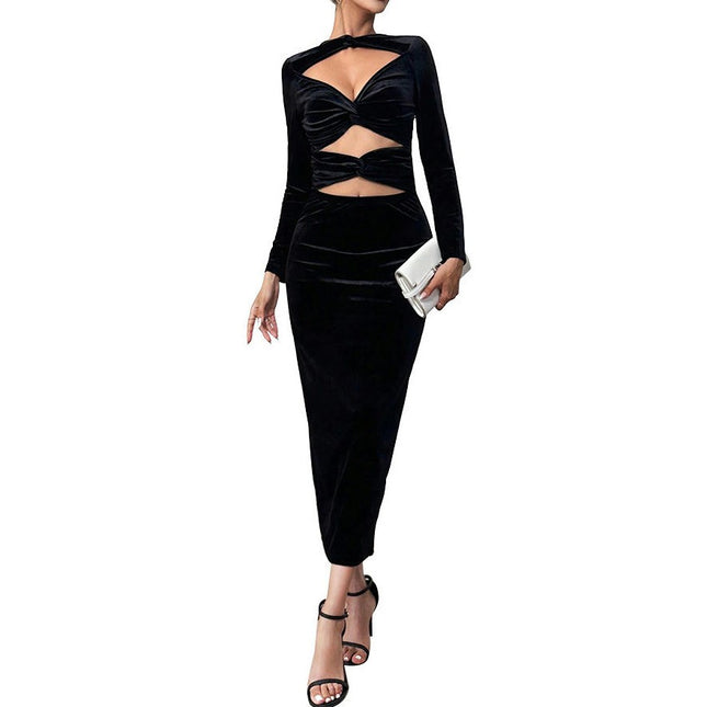 Women's Velvet Bodycon Midi Dress Long Sleeve Ruched Cut Out Elegant Cocktail Party Dresses