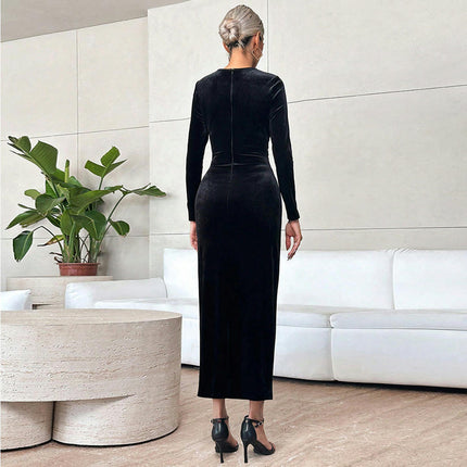 Women's Velvet Bodycon Midi Dress Long Sleeve Ruched Cut Out Elegant Cocktail Party Dresses