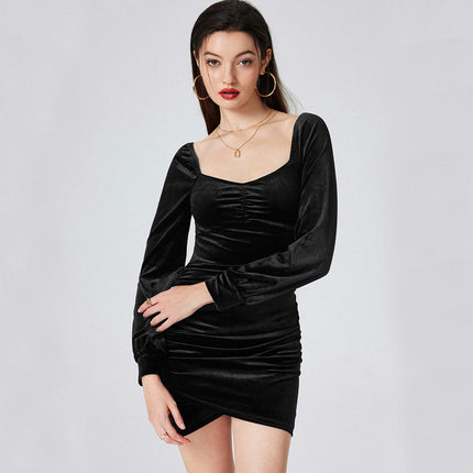 Women's Velvet Long Sleeved Dresses Square Neck Ruched Bodycon Cocktail Party Mini Dress