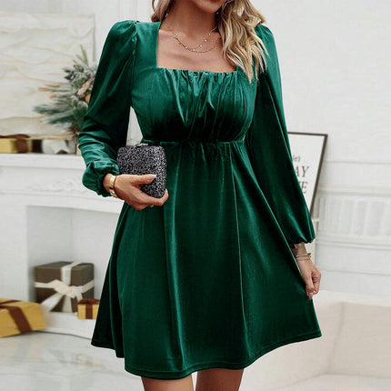 Women Velvet Cocktail Party Evening Dresses Long Sleeve Square Neck Swing Mini Dresses