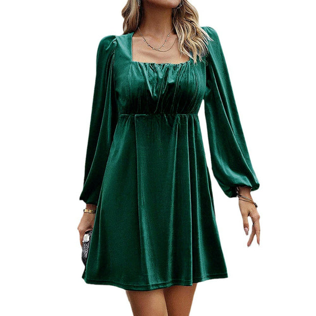 Women Velvet Cocktail Party Evening Dresses Long Sleeve Square Neck Swing Mini Dresses