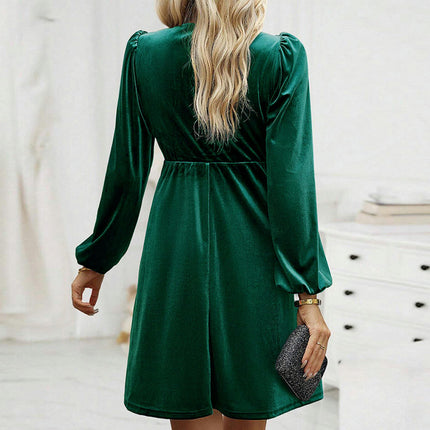 Women Velvet Cocktail Party Evening Dresses Long Sleeve Square Neck Swing Mini Dresses