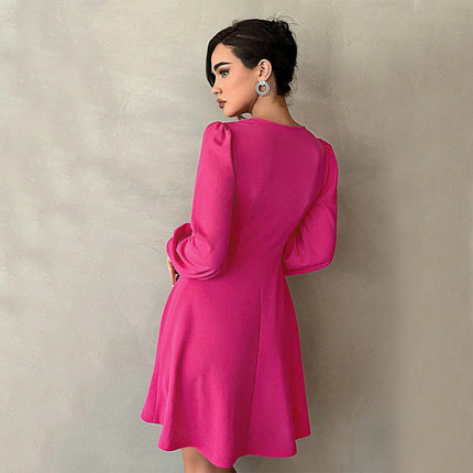 Women Mini Dress Long Sleeve Deep V Sexy A-line High Waisted Flowy Dress