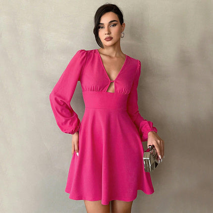 Women Mini Dress Long Sleeve Deep V Sexy A-line High Waisted Flowy Dress