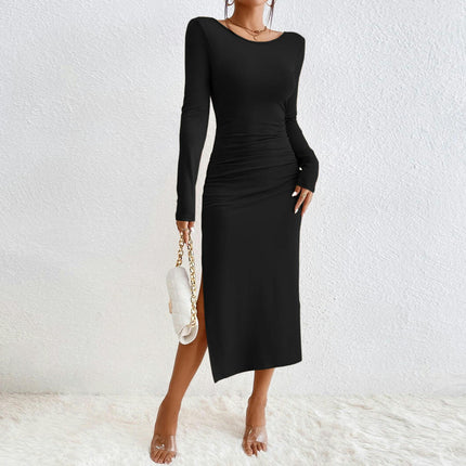 Womens Long Sleeve Bodycon Dress Crewneck Twist Backless Slit Midi Dresses