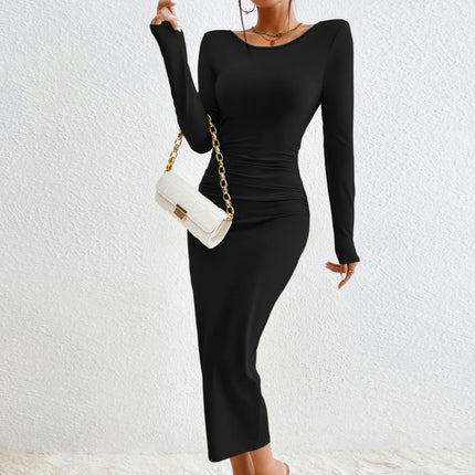 Womens Long Sleeve Bodycon Dress Crewneck Twist Backless Slit Midi Dresses