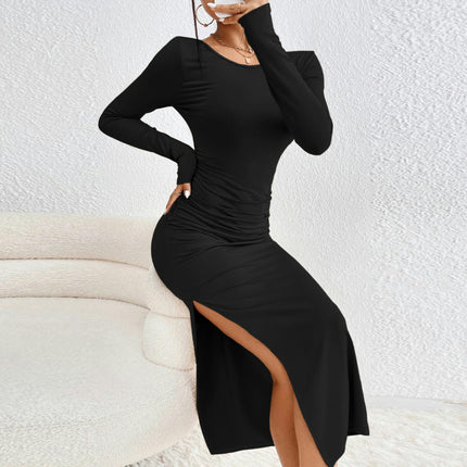 Womens Long Sleeve Bodycon Dress Crewneck Twist Backless Slit Midi Dresses