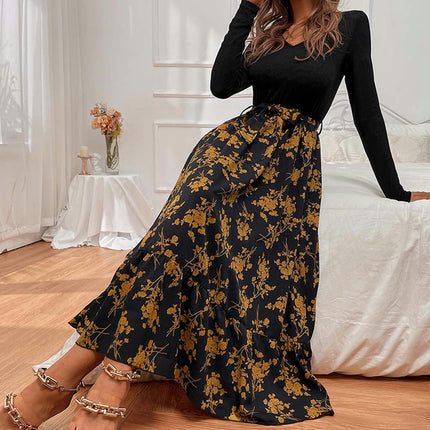 Women's Floral Print Boho Dress Long Sleeve V Neck Tie Waist A-Line Flowy Maxi Dresses