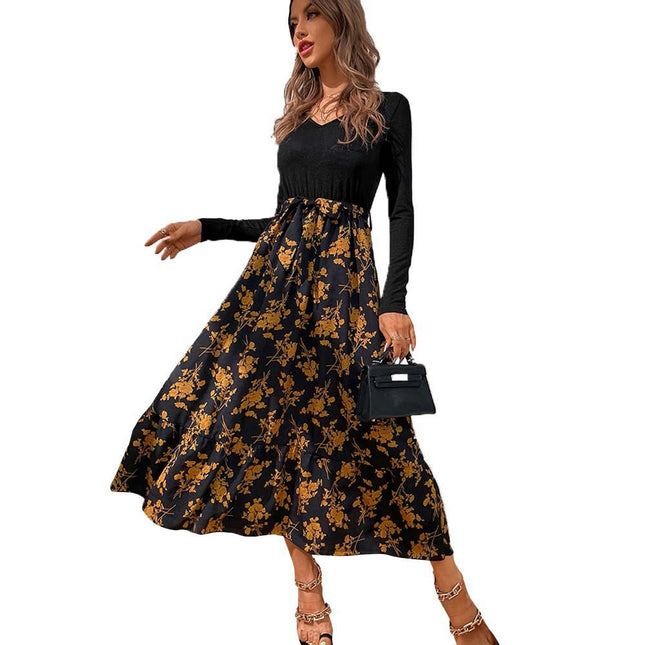 Women's Floral Print Boho Dress Long Sleeve V Neck Tie Waist A-Line Flowy Maxi Dresses