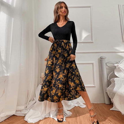 Women's Floral Print Boho Dress Long Sleeve V Neck Tie Waist A-Line Flowy Maxi Dresses