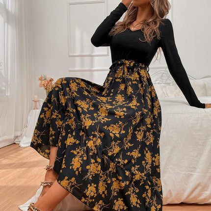 Women's Floral Print Boho Dress Long Sleeve V Neck Tie Waist A-Line Flowy Maxi Dresses