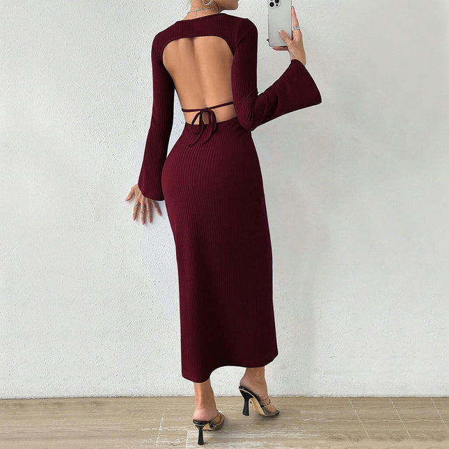 Women's Casual Long Sleeve Maxi Dress Sexy Backless Crew Neck Bodycon Long Dress