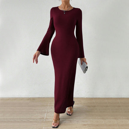 Women's Casual Long Sleeve Maxi Dress Sexy Backless Crew Neck Bodycon Long Dress