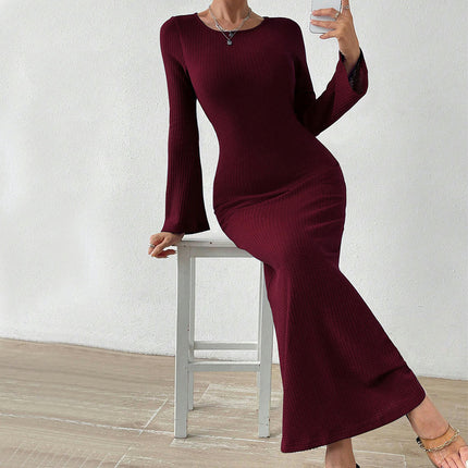 Women's Casual Long Sleeve Maxi Dress Sexy Backless Crew Neck Bodycon Long Dress