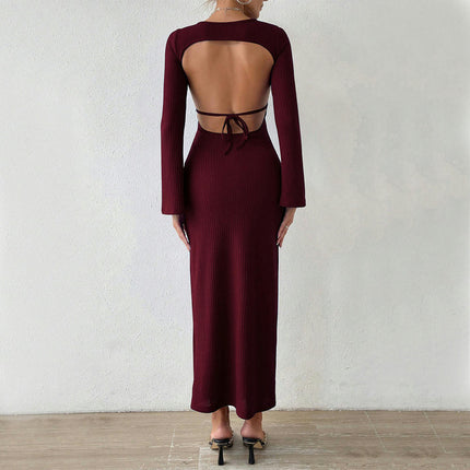 Women's Casual Long Sleeve Maxi Dress Sexy Backless Crew Neck Bodycon Long Dress