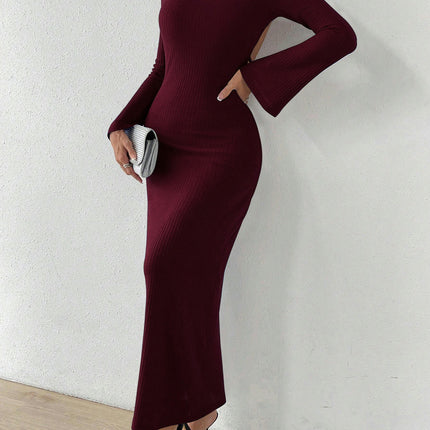 Women's Casual Long Sleeve Maxi Dress Sexy Backless Crew Neck Bodycon Long Dress