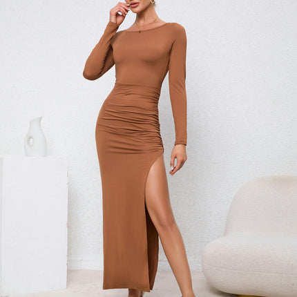 Women's Long Sleeve Maxi Dress Sexy Backless Crew Neck Ruched Slit Bodycon Dress