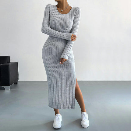 Women's Ribbed knit Crew Neck Long Sleeve Maxi Dress Bodycon Split Long Dress